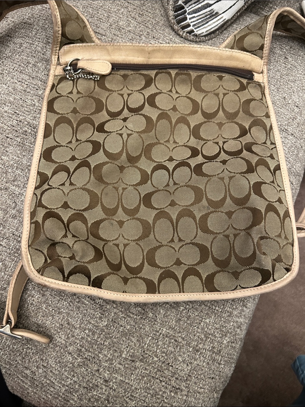 Coach Brown Signature Jacquard Crossbody with Beige Trim